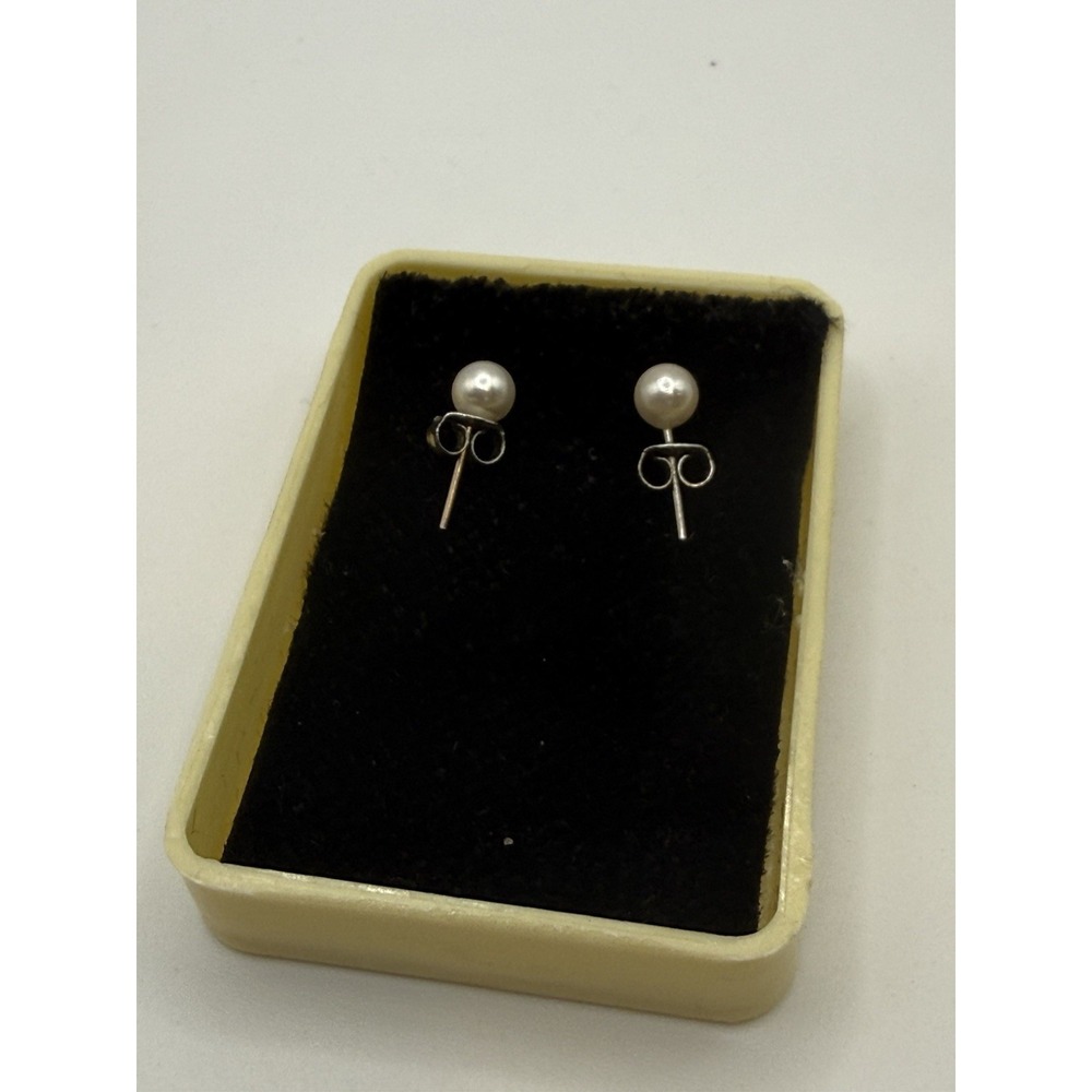 Faux Pearl Stud Earrings Round White Silver Tone Post Classic